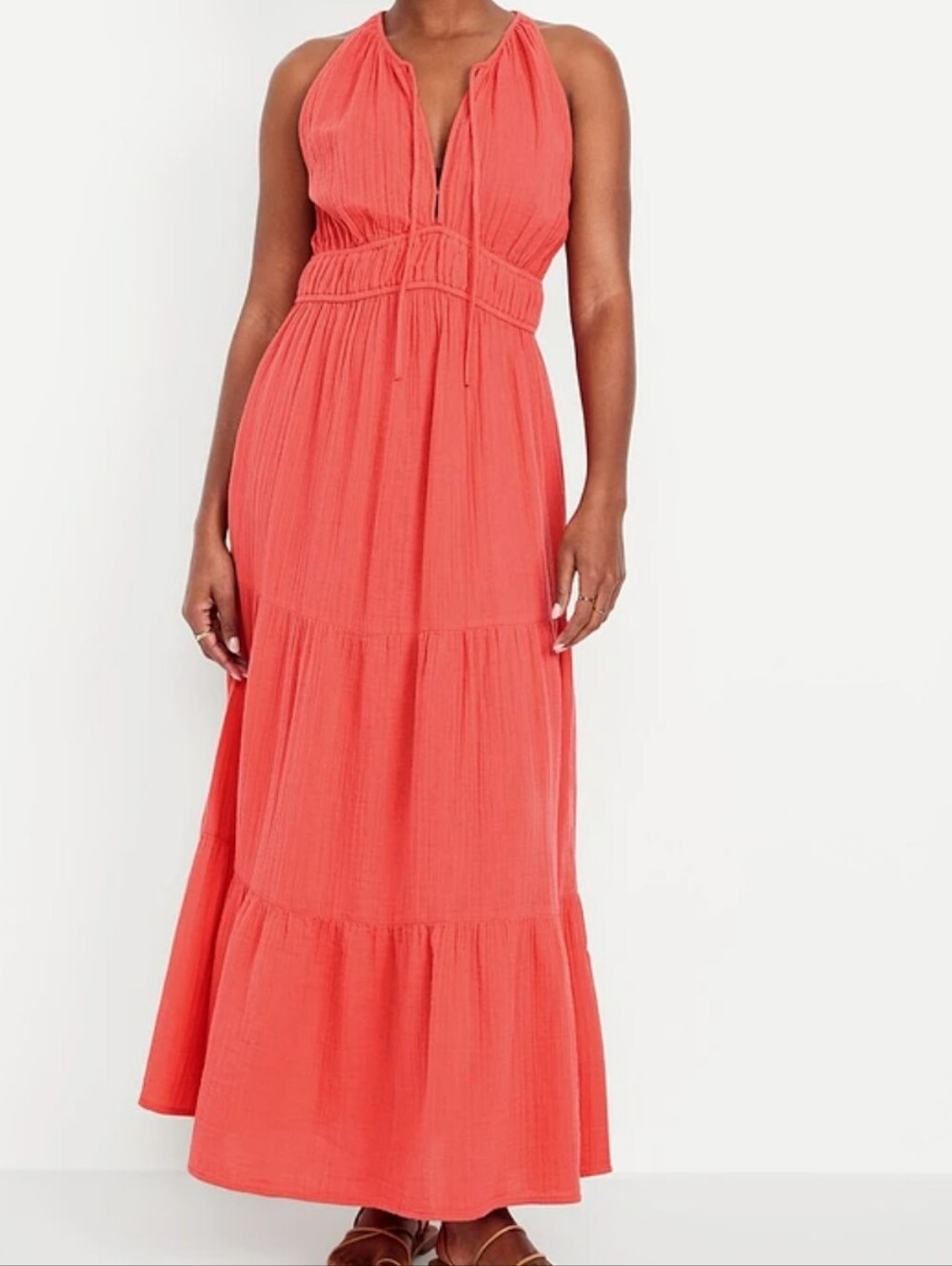 Old Navy Fit & Flare Crinkle Gauze Maxi Dress in Bright Coral